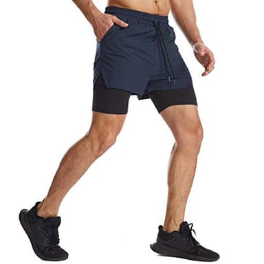Surenow Mens 2 in 1 Running Shorts Quick Dry Athletic Shorts with Liner, Workout Shorts with Zip Pockets and Towel Loop Navy Blue - Image 3