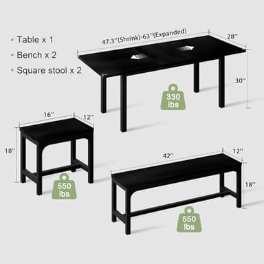 Feonase 5-Piece Dining Table Set for 4-8 People, 63" Large Extendable Kitchen Table Set with 2 Benches and 2 Square Stools, Dining Room Table with MDF Wood Board, Easy Assembly, Black - Image 2