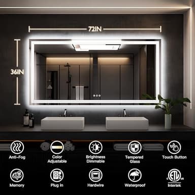 ISKM 72'' x 36'' LED Mirror for Bathroom Lighted Vanity Mirror for Wall Front Lights + Backlit LED Bathroom Mirror Anti-Fog Tempered Glass ETL Listed - Image 7