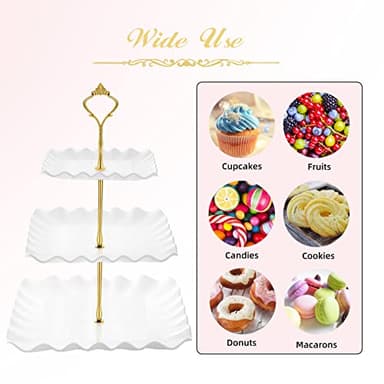 DAFURIET Dessert Cupcake Stand, 3 Tier Cup Cake Holder Tower for Tea Party/Birthday/Wedding, Plastic Tiered Serving Tray with Metal Rod, White - Image 5