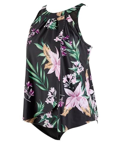 SUUKSESS Women Slimming Tummy Control Tankini Bathing Suits Ruffle High Waisted High Neck 2 Piece Swimsuits(Tropical Floral Black,XL) - Image 4