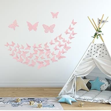 3D Pink Butterfly Wall Decor 3 Sizes 4 Styles Butterfly Party Decorations Cake Decorations Removable Stickers Wall Decor Room Mural Metallic Kids (Pink, 48Pcs) - Image 6