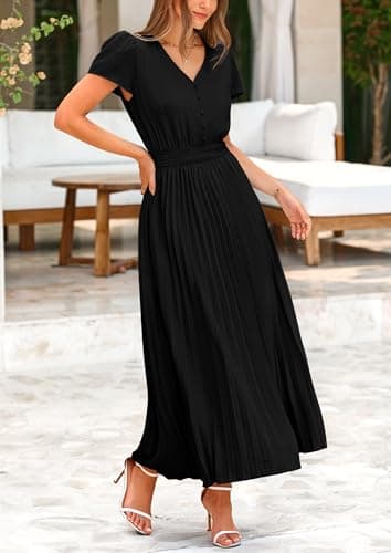 PRETTYGARDEN Women's Summer Maxi Dresses 2025 Trendy Casual Button V Neck Ruffle Cap Sleeve Long Flowy Pleated Dress (Black,Medium) - Image 8