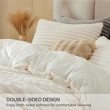 BEDELITE Fleece Full Comforter Set -Super Soft & Warm Fluffy Cream White Bedding, Luxury Fuzzy Heavy Bed Set for Winter with 2 Pillow Cases - Image 4