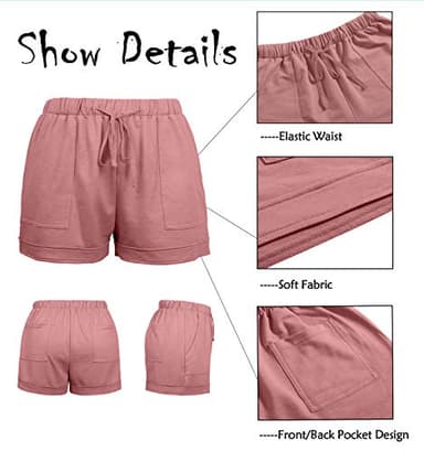 ONLYSHE Women's Summer Beach Drawstring Solid Color Comfy Shorts with Pockets Plus Size Pants Pink 3XL - Image 4