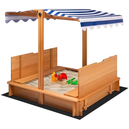 VIVOHOME 47" Solid Fir Wooden Sandbox with Adjustable Sun Canopy & Foldable Benches, Outdoor Play for Kids, Weather-Resistant Design, Drainage Liner & UV Protection for Backyard/Beach - Image 1