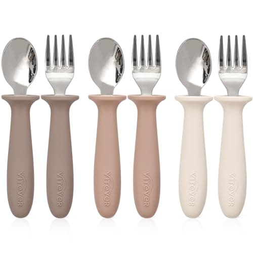 6 Pieces Toddler Utensils, Children Silverware Set with Silicone Handle, Kids Safe Spoons and Forks, Dishwasher Safe, 18/8 Stainless Steel, Food-grade Silicone，BPA Free - Tan - Image 1