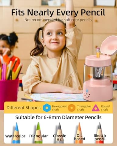 ZMOL Electric Pencil Sharpeners, Colored Pencil Sharpener for Kids, Auto Stop, Rechargeable Pencil Sharpener for Battery Powered Cute No.2/Colored Pencils (6-8mm), Classroom/Office/Home (Pink) - Image 2