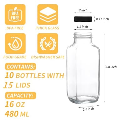 10 Pack 16oz Glass Juice Bottles with Lids - Reusable Juicing Bottles Glass Drinking Jars Containers with Airtight Lids & Cleaning Brush - Perfect for Juicing,Milk,Kombucha, and Storage - Image 3