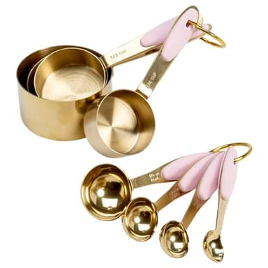 Paris Hilton Measuring Cups and Spoons Set, Stainless Steel with Pink Silicone Inset Handle, Dishwasher Safe, For Dry and Liquid Ingredients, 8-Piece Set, Gold and Pink - Image 1