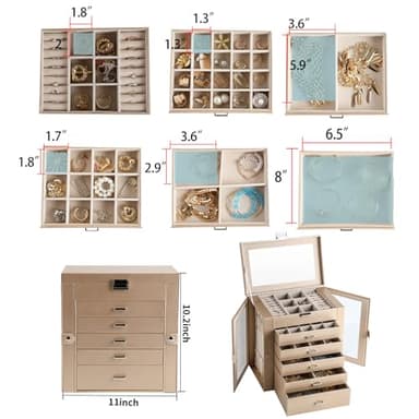 CIIGIO 6 Layer Large Jewelry Boxes With Mirror，Multifunctional 5 Drawers Jewelry Box Organizer with 2 Glass Door for Necklace Organizing (Champagne) - Image 4