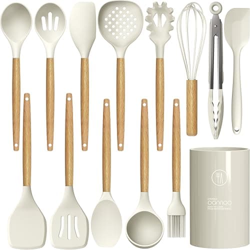 Silicone Cooking Utensils Set - 446°F Heat Resistant Silicone Kitchen Utensils for Cooking,Kitchen Utensil Spatula Set w Wooden Handles and Holder, BPA FREE Gadgets for Non-Stick Cookware (Khaki) - Image 1