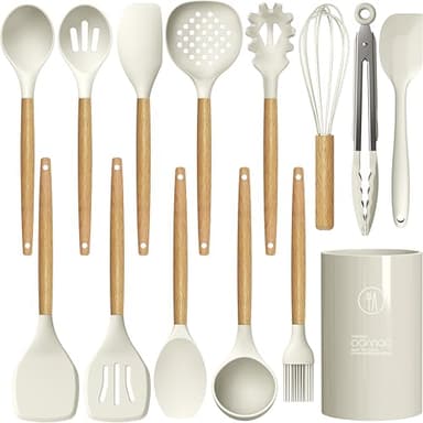 Silicone Cooking Utensils Set - 446°F Heat Resistant Silicone Kitchen Utensils for Cooking,Kitchen Utensil Spatula Set w Wooden Handles and Holder, BPA FREE Gadgets for Non-Stick Cookware (Khaki) - Image 1