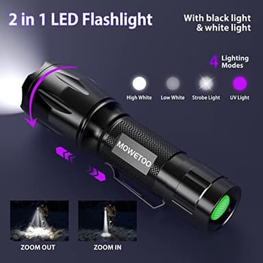 MOWETOO UV Flashlight, Portable Blacklight Flashlight, LED Torch with White and Ultraviolet Light Combo, Black Light Pet Urine Detector for Dog Cat Pee, ID Check, AC Leak, Bed Bug, Rocks, Resin - Image 2