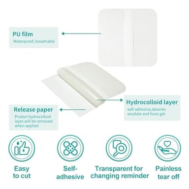 Dimora Hydrocolloid Dressing 4" x 4" for Wound Care, 10 Pcs Large Patch Bandages with Self-Adhesive for Bedsore, Burn, Blister, Acne Care, Super Absorbent for Fast Healing - Image 4