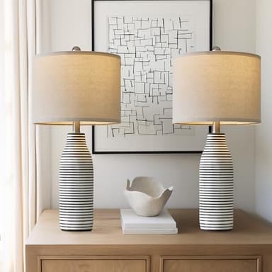 USumkky 25" Ceramic Table Lamps Set of 2 Beside Lamps for Living Room Modern Bedroom Lamps for Night Stands with Rotary Switch Black and White Stripes - Image 6