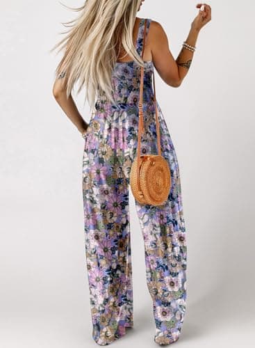 Dokotoo Womens Overalls Purple Jumpsuits for Women Casual Loose Fit Solid Color Wide Leg One Piece Sleeveless Jumpsuit Printed Long Pant Rompers with Pockets Medium - Image 3