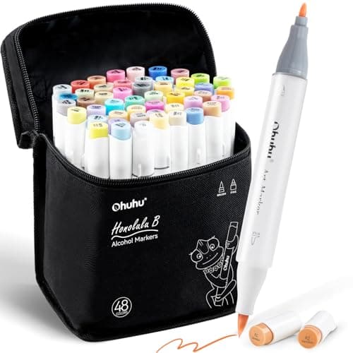 Ohuhu Alcohol Brush Markers 48 Mid-tone Colors- Double Tipped Alcohol Based Art Marker Set for Artists Adults Coloring Sketch Illustration- Brush & Fine Dual Tips- Honolulu B- Refillable - Image 1
