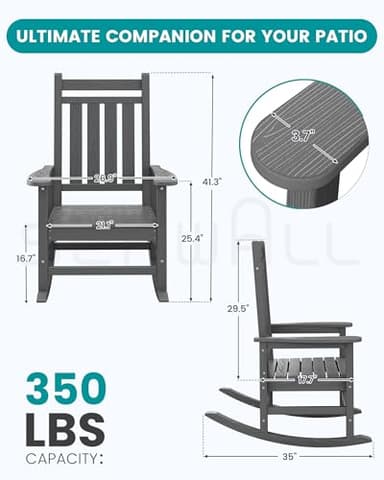 SERWALL Oversized Outdoor Rocking Chair Set of 2, HDPE Rocker for Adults, Patio Rocking Chairs for Porch, Grey - Image 3