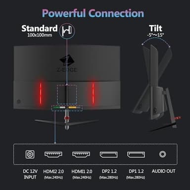 Z-Edge 27 inch Curved Gaming Monitor, FHD 1080P 280Hz Curved 1500R Computer Monitor, Ultra-Fast MPRT 1ms Monitor, 350nits, 16.7M Colors, 4000:1 Contrast, UG27P 2X DP 1.2 Ports and 2X HDMI 2.0 Ports - Image 8