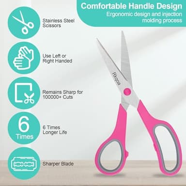 Black-Purple Scissors Pack, Rkqoa 8" Adult Scissors All Purpose - Comfort-Grip Sharp Shears for Office School Sewing Fabric Craft Art Supplies, Teacher/Class Everyday use, Classroom Must have - Image 4
