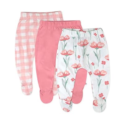 HonestBaby Baby 3-Pack Organic Cotton Footed Harem Pants, Strawberry Pink Floral, 6-9 Months - Image 1