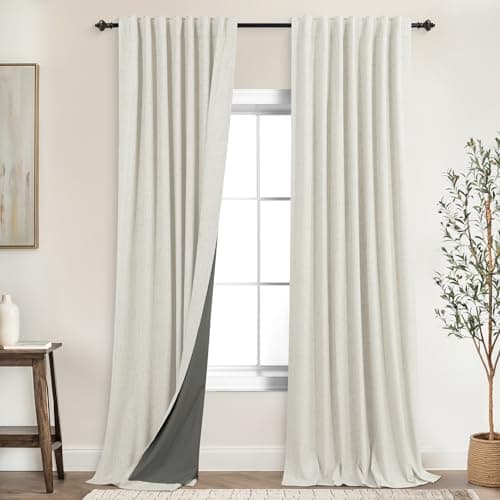KOUFALL Linen Black Out Curtains 96 Inch Long,Light Blocking Cream Complete 100% Blackout Curtain Drapes for Living Room 2 Panel Set - Image 1