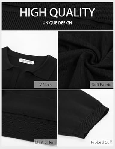 Kate Kasin Women Lapel Knitted Pullover Sweater Short Sleeve Lightweight Ribbed V-Neck Casual Loose Tops Black M - Image 2