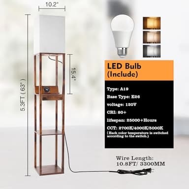 RUNTOP Floor Lamp with Shelves, Shelf Floor Lamp with Wireless Charger & 2 Charging USB Ports & Drawer, AC Outlet, 3 Color Temperature Tall Standing Lamp with Bulb for Living Room, Bedroom, Office - Image 6