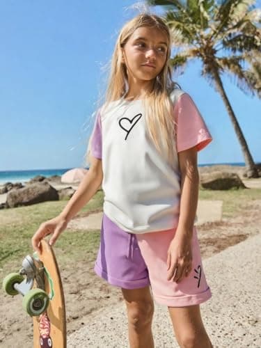 Kids Toddler Girl Clothes Outfits Color Clash Short Sleeve Heart Print Tops Summer Shorts Set(8-9t) - Image 2