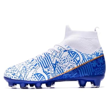curunect Boys Girls Soccer Cleats Lightweight High-top Training Football Shoes for Youth Non-Slip Kids Soccer Futsal Shoes, Tacos de Futbol para niños, Blue/White/Gold, Little Kid 13 - Image 2
