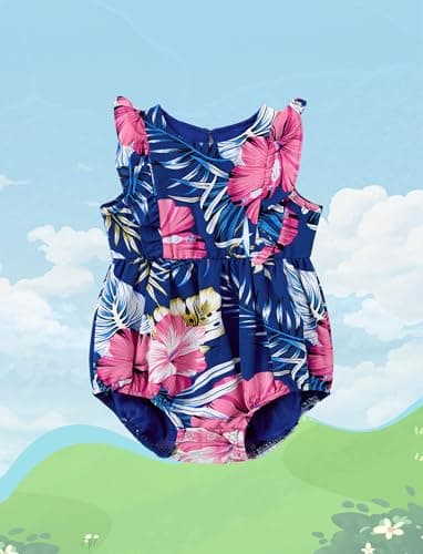 PATPAT Matching Family Vacation Outfits Mom and Daughter Outfits Tropical Floral Palm Leaf Print Spaghetti Strap Boho Belted Dresses Hawaiian Beach Navy Blue Floral Romper Dress Baby Girl 6-9 Months - Image 3