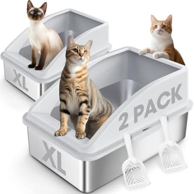 2 Pack Stainless Steel Litter Box | XL Enclosed Cat Litter Boxes with Lid for Big Cats and Multi-Cats | High Sided, Anti-Urine Leakage | Non-Stick Bottom（Silver Gray） - Image 1