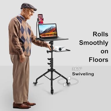 Tossbiss Laptop Tripod on Wheels with 2 Shelves, Portable Projector Floor Stand Adjustable Height 25.9 to 51.8 Inch with Phone Holder - Image 7