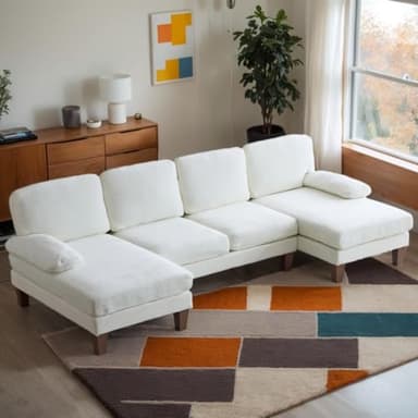 Karl home U-Shape Sectional Sofa Couch 111" Modern 4-Seat Sofa with Chaises Chenille Fabric Upholstered Covertible Couch with Wood Grain Legs for Living Room, Reception Room, Apartment, Beige - Image 7