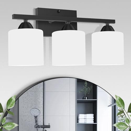 YICALE 3-Light Bathroom Vanity Light Fixture, Matte Black Bathroom Light Fixtures Over Mirror, Modern Vanity Wall Sconce Lighting for Bedroom, Milky White Glass Shade, E26 Base, Bulbs Not Included - Image 1