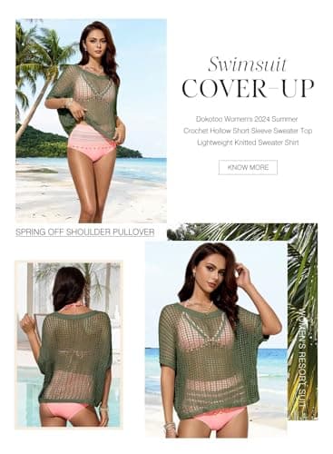 Dokotoo Womens Casual Spring Summer Crochet Hollow Out Sweaters Top 2025 Off Shoulder Pullover Shirt Short Sleeve Lightweight Knit Tops Beach Cover Ups for Women Mist Green Medium - Image 3