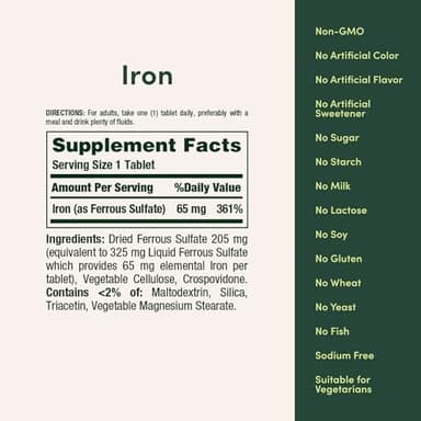 Nature’s Bounty Iron 65mg, 325 mg Ferrous Sulfate, Cellular Energy Support, Promotes Normal Red Blood Cell Production, 1 Serving Per Day, Gluten Free, 100 Vegetarian Tablets - Image 7