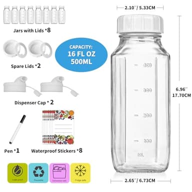 8 Pack 16 Oz Reusable Glass Milk Bottles w 100% Airtight Heavy Duty SCREW Lid & 2 Pour Spouts - Glass Juice Bottles w Capacity Mark - Beverage Drinking Jar Juice Container Breast Milk(Extra 2 Lids) - Image 3