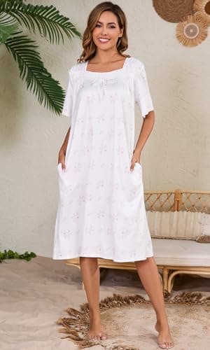 Kabento Short Sleeve Houe Dresses for Women with Pockets, White Pink Flowers, Large - Image 5