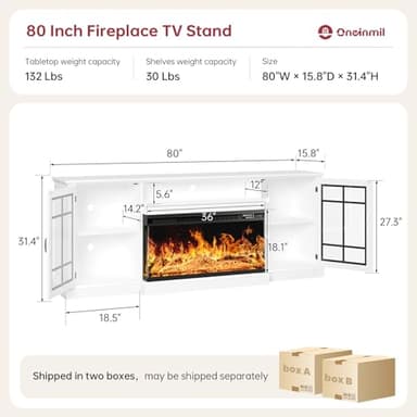 oneinmil Fireplace TV Stand with 3-Sided Glass, TV Cabinet for TVs up to 85", 80'' Modern Media Entertainment Center with Farmhouse Glass Door Storage Cabinets, for Living Room, White - Image 3