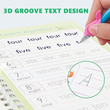 Magic Groove Practice Copybook for Kids, Reusable Writing Practice Book, Grooved Handwriting Book Set for Kids Ages 3-8 Calligraphy 5.59 * 7.91 (5 Medium Books with Cactus Pens & Gift Box) - Image 4