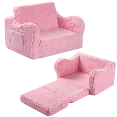 MOMCAYWEX Kids Chairs for Toddler, 2-in-1 Toddler Soft Sherpa Couch Fold Out, Convertible Sofa to Lounger for Girls and Boys, Pink - Image 1