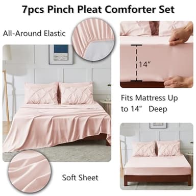 CozyLux Full Size Comforter Sets Blush Pink, 7 Pieces Pintuck Bed in A Bag Pink Comforter Full Size, Pinch Pleat Bedding Sets with All Season Comforter, Sheets, Pillowcases & Shams - Image 6