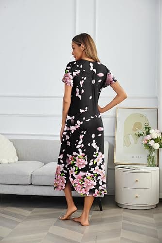 Ekouaer Long Nightgowns for Women Soft House Dress Pleated Front Nightshirt Full Length Loungwear Pink Petals XXXL - Image 5