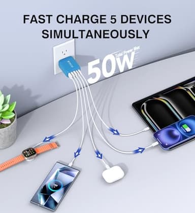 2-Pack USB C Wall Charger Block,50W 5-Port C Charger Fast Charging Block PD Power Adapter +QC 3.0 Multiport Type C Box Charger Cube USB A Wall Plug for iPhone 16/15/14/13 Pro Max,Samsung Galaxy(Blue) - Image 2