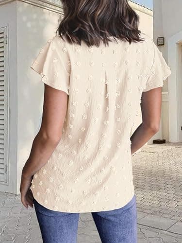 MEROKEETY Women Casual V Neck Flutter Short Sleeve Blouse Swiss Dot Loose Tunic Shirt Top Apricot Small - Image 4