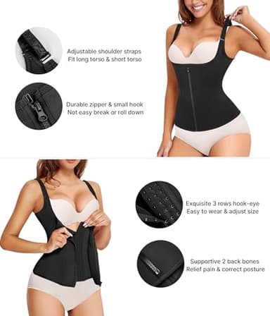 Nebility Women Waist Trainer Corset Zipper Vest Body Shaper Cincher Tank Top with Adjustable Straps (S, Black) - Image 3