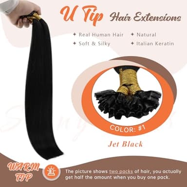 Sunny Hair 24inch U Tip Hair Extensions Human Hair Jet Black Hot Fusion Hair Extensions Straight U Tip Hair Extensions Real Human Hair Black for Women K Tip Hair Extensions 50S 50G - Image 2