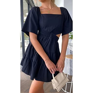 Shy Velvet Women's Summer Dress Square Neck Short Sleeves Crossover Waist Casual Party Mini Dress Black - Image 5